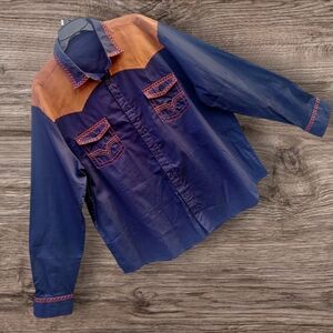 Coofandy Navy & Brown Cotton Western Shirt Embroidered Pockets Cuffs Collar 3XL